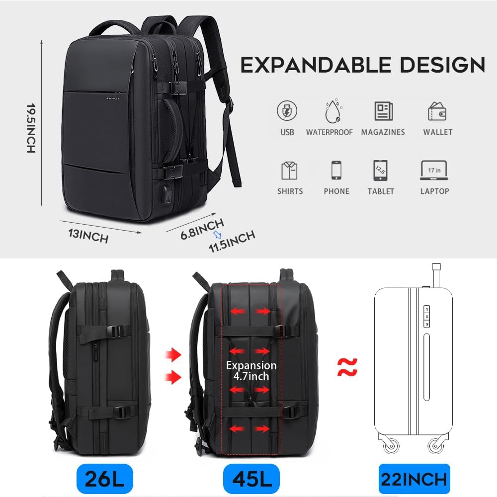 BANGE 45L Carry On Backpack, Weekender Travel Backpacks, 17.3 inch Laptop Back Pack Business Expandable Bag for Men and Women - Image 2