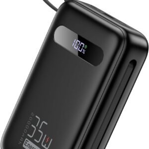EnergyQC 20000mAh Portable Charger, 35W PD 3.0+QC 4.0 Fast Charging Power Bank with Built-in Lightning & USB-C in&Out Cables, Travel Battery Pack for iPhone 17/16/15/14, Samsung, iPad, Android, Black
