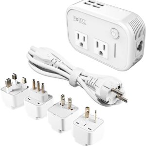 FOVAL Power Step Down 220V to 110V Travel Voltage Converter International Power Adapter for Hair Straightener/Curling Iron with 4-Port USB Charging US/UK/AU/EU Universal Plug Adapter (White)