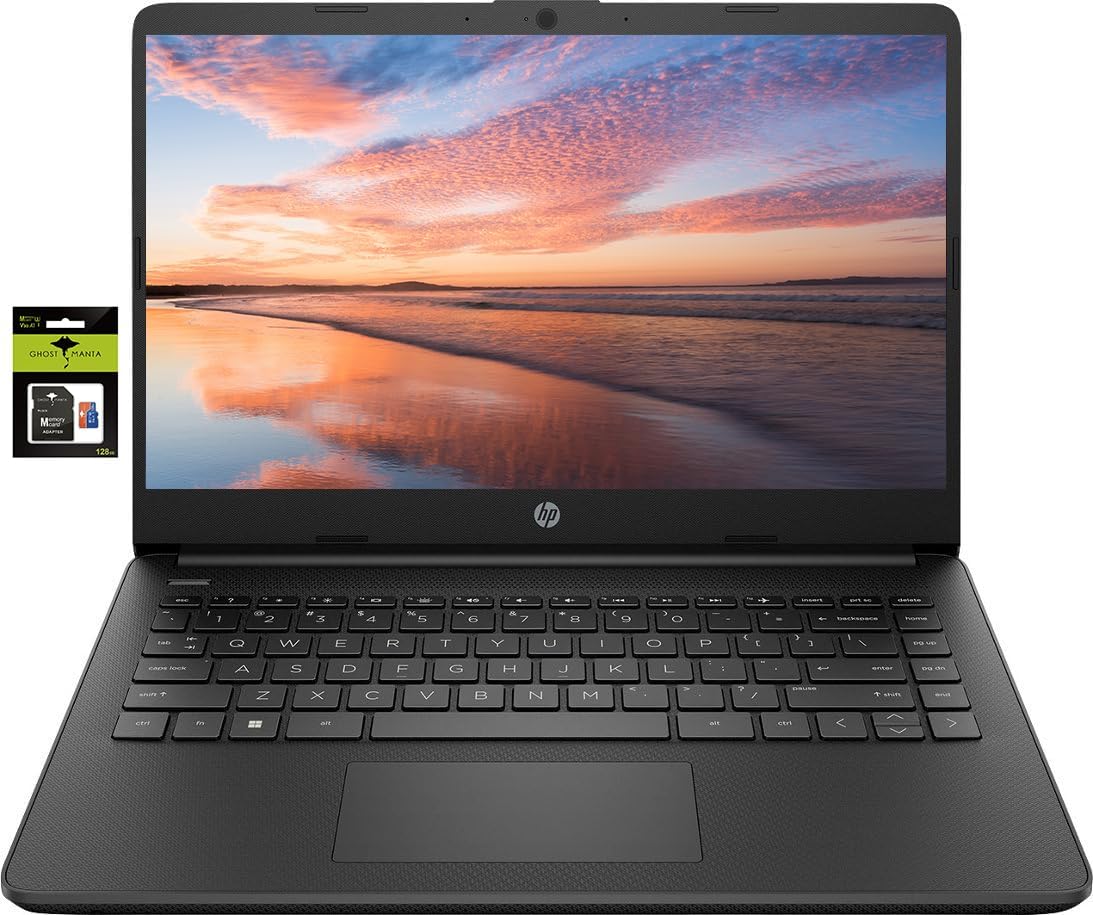 HP 14 Premium HD Portable Laptop Computer Students Business, Quad-Core Intel Celeron Processor, 16GB RAM, 256GB Storage(128GB eMMC+128GB SD Card), 1 Year Office 365, HDMI, Win 11 w/KW Accessories