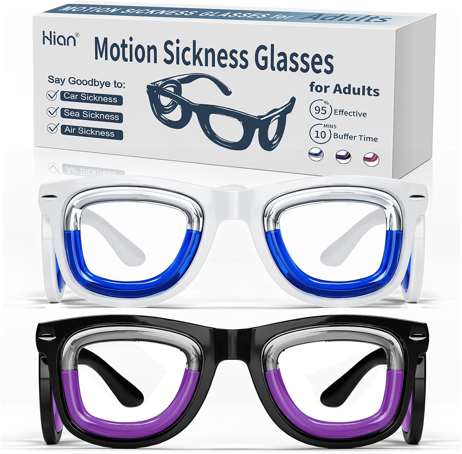 Hion 2 Pairs Adult Anti- Motion Sickness Smart Glasses, Ultra-Light Portable Nausea Relief Liquid Glasses, Carsickness Airsickness Seasickness Glasses, Kids Travel/Cruise Essentials(White+Black