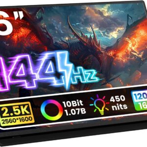 Portable Monitor 16 inch 2K QHD 2560X1600 450 Nits 106% sRGB 144 Hz HDR HDMI USB-C Travel Monitor for Laptop Mac PC Surface PS5 Xbox, External Display with Cover & Speakers, VESA Compatible