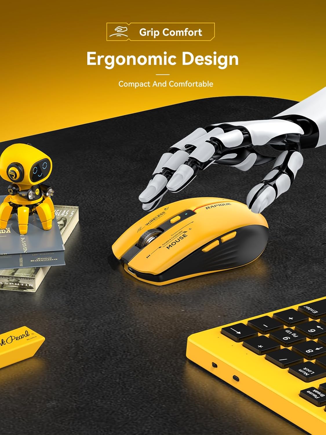 RAPIQUE Bluetooth Wireless Mouse - (BT1/BT2+USB Receiver) Tri-Device Compatibility for PC, Laptop, Computer, MacBook, Tablet (Black and Yellow) - Image 2