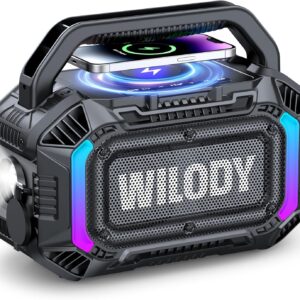 Wilody Speakers Bluetooth Wireless, 100W Loud Outdoor Speaker with Bass, IPX7 Waterproof Floatable, 20H Playtime, Wireless Charge, TWS, RGB Light, Portable Speaker for Work, Garage, Outdoor (Black)
