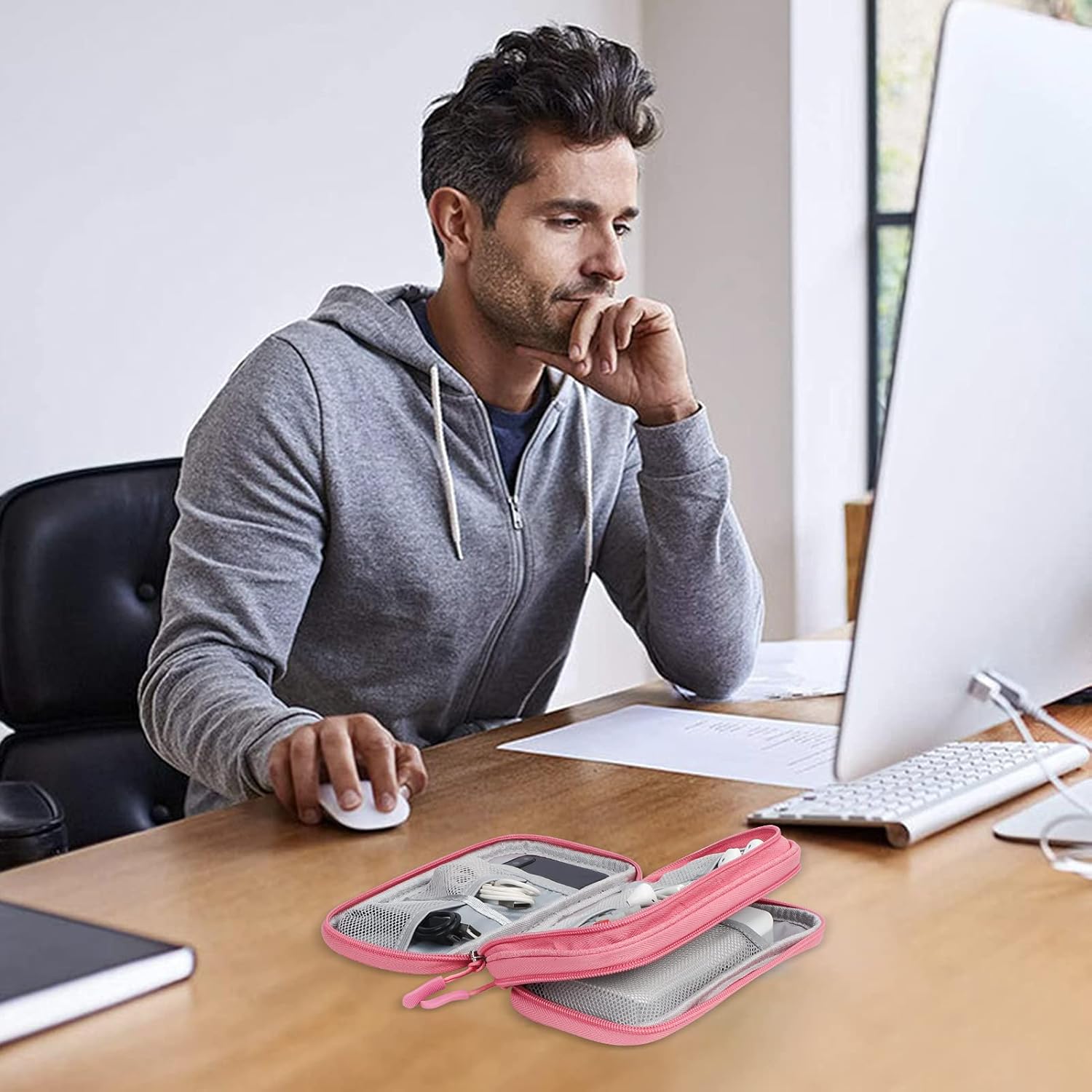 Skycase Electronic Organizer Travel Case - Waterproof Travel Cord Pouches for Organization, Cable Organizer, All-in-One Double Layers Storage Bag for Accessories, Charger, Cable, Pink - Image 6