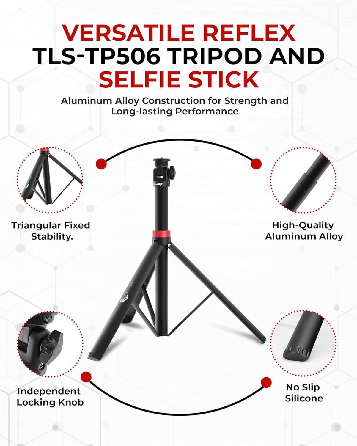 REFLEX CAMERA Lightweight Tripod Stand 76" Extendable Aluminum up to 190cm in Height, Lightweight & Portable with 1/4" Screw Thread 180° Rotation, Compatible with DSLR Camera, Lights & Smartphones - Image 3