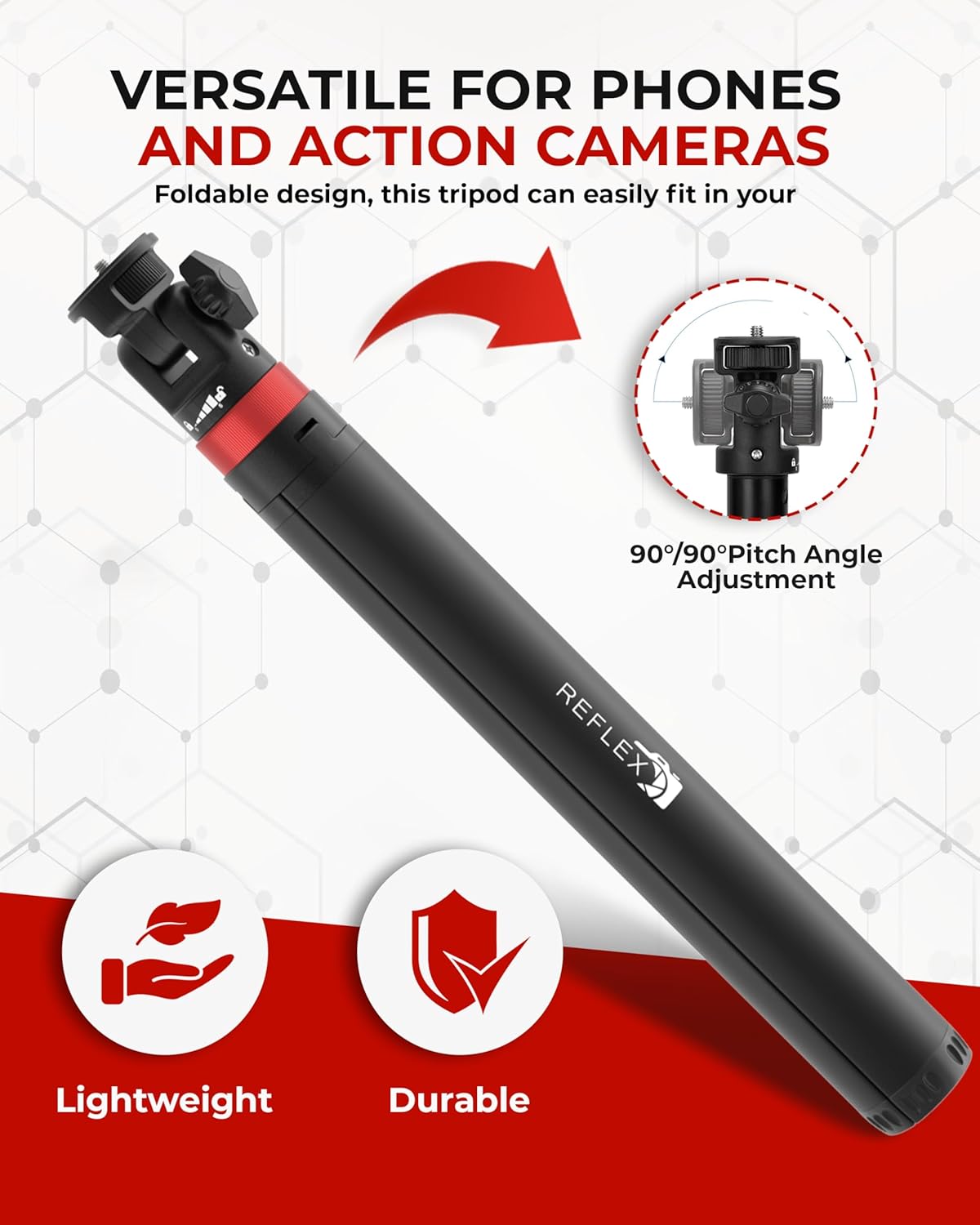 REFLEX CAMERA Lightweight Tripod Stand 76" Extendable Aluminum up to 190cm in Height, Lightweight & Portable with 1/4" Screw Thread 180° Rotation, Compatible with DSLR Camera, Lights & Smartphones - Image 4