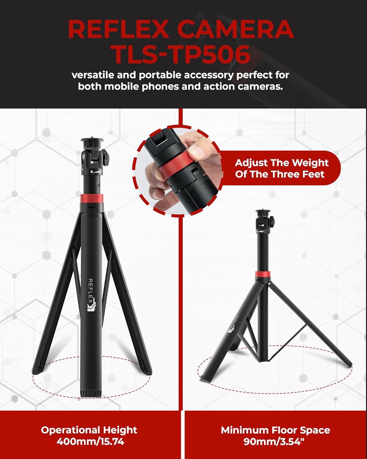 REFLEX CAMERA Lightweight Tripod Stand 76" Extendable Aluminum up to 190cm in Height, Lightweight & Portable with 1/4" Screw Thread 180° Rotation, Compatible with DSLR Camera, Lights & Smartphones - Image 5