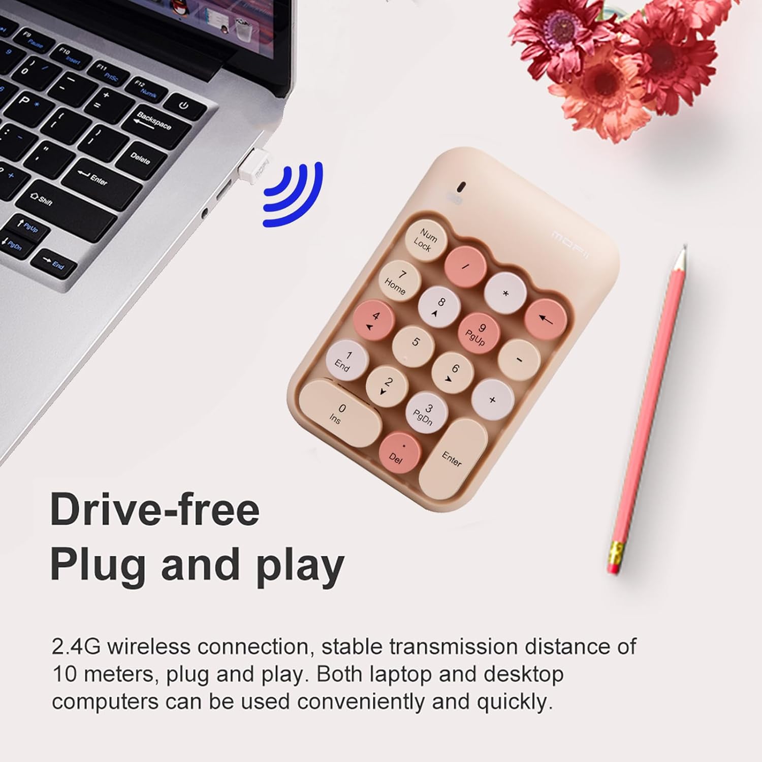 Lomiluskr Wireless Numeric Keypad with 2.4G USB Receiver, Cute Colorful Round Keycaps, Portable Financial Accounting Numpad Number Keyboard, Suitable for PC, Laptop (Milk Tea) - Image 4