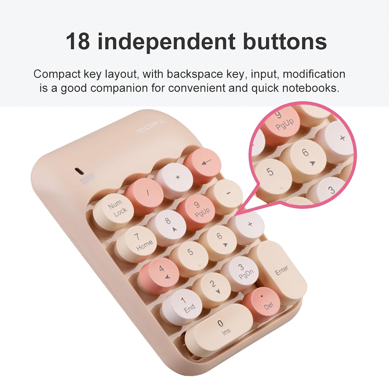 Lomiluskr Wireless Numeric Keypad with 2.4G USB Receiver, Cute Colorful Round Keycaps, Portable Financial Accounting Numpad Number Keyboard, Suitable for PC, Laptop (Milk Tea) - Image 5