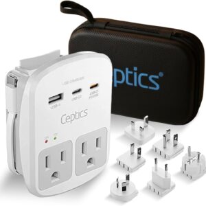 Ceptics 35W Universal Travel Adapter Kit – 2 USA sockets, USB-A, USBC, 1x PD 35W USB-C and USBC Cable, Surge Protected, Plugs for EU, UK, China, AU, Japan - for Laptop, Phone, Camera-ETL Tested