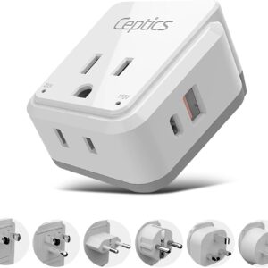 Ceptics World Power Plug Adapter Set, Dual USB & USB-C 3.1A, 20W with QC-PD, 2 USA Outlet Compact & Powerful, Use In Europe, Asia, Australia, Japan, Includes Type A, B, C, E/F, G, I SWadAPt Attachment
