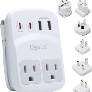 Ceptics World Travel Adapter Kit 2 USB-A, USB-C US Outlets, 20W/QC 18W Power Delivery, Surge Protection, SWADAPT Compatible for Europe, UK, China, Australia, Japan Perfect Laptop (WPS-5B)