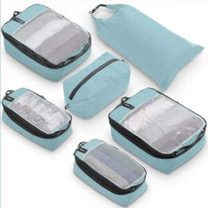 Compression Packing Cubes for Travel by TRIPPED – 6-Piece Premium Set with Laundry & Shoe Bag, Space Saving Travel Organizer Bags for Suitcase & Carry-On Luggage (Dusty Teal Mesh)