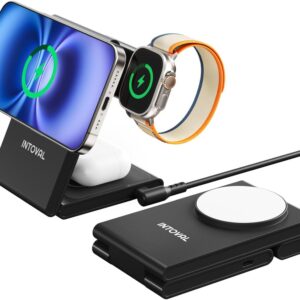 Intoval 3-in-1 Magnetic Charging Station, Travel Foldable Charging Dock for Magsafe iPhone 16 to 12(Plus/Pro/Pro Max), Apple Watch and AirPods, Desk and Bedside Trio Magnetic Stand (M5, Black)