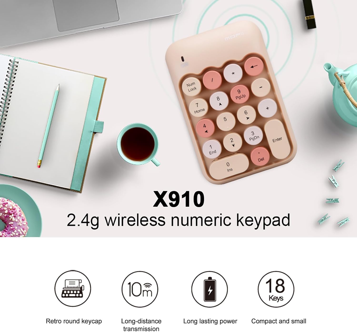 Lomiluskr Wireless Numeric Keypad with 2.4G USB Receiver, Cute Colorful Round Keycaps, Portable Financial Accounting Numpad Number Keyboard, Suitable for PC, Laptop (Milk Tea) - Image 2