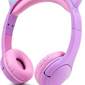 Olyre Kids Headphones, Safe 85db Volume Control Light Up Cat Ear Headphones for iPad Fire Tablet Kindle, On-Ear LED Children Headphones for School Learning Travel - Purple/Pink