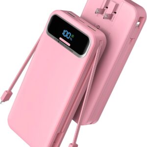 Portable Charger, 20000mAh 22.5W Fast Charging Power Bank with Built-in Cables & Wall Plug, Travel Essential External Battery Pack with LED Display, USB C Battery Phone Charger for iPhone Samsung Pink