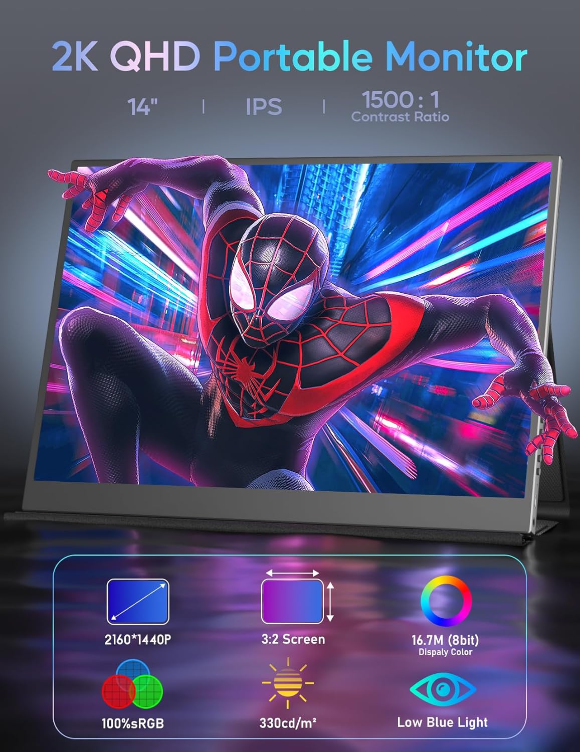 Portable Monitor 14inch 2K Laptop Monitor USB C HDMI Gaming Ultra-Slim IPS Display Smart Cover & Speakers, 2160 * 1440P Screen for Laptop, HDR External Monitor for Laptop PC Phone Mac Xbox - Image 2