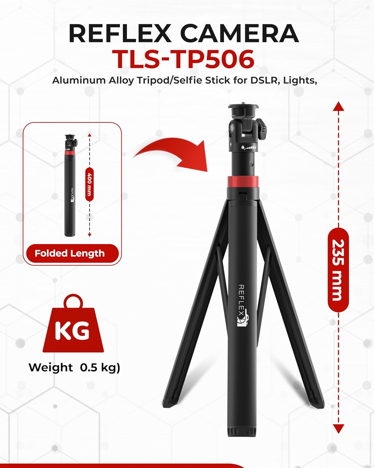 REFLEX CAMERA Lightweight Tripod Stand 76" Extendable Aluminum up to 190cm in Height, Lightweight & Portable with 1/4" Screw Thread 180° Rotation, Compatible with DSLR Camera, Lights & Smartphones - Image 2