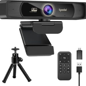 Spedal 4K Webcam with Tripod, Wide Angle 120° USB Webcam, Sony 1/2.8" Sensor, Dual Microphones, Remote Control, Auto Focus for Video Conferencing, Online Meetings, Streaming, Zoom & Teams