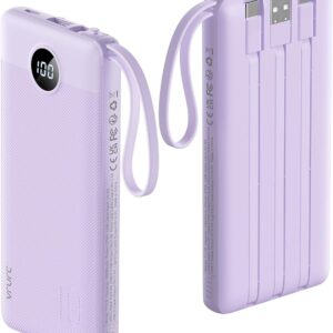 VRURC Portable Charger Power Bank, 10000mAh Travel Essentials Battery Pack, 5 Outputs 2 Inputs Slim Charging Bank Built-in Cables Cords for iPhone 17 16 15 14 13,Samsung,Android-Lavender(1 Pack)