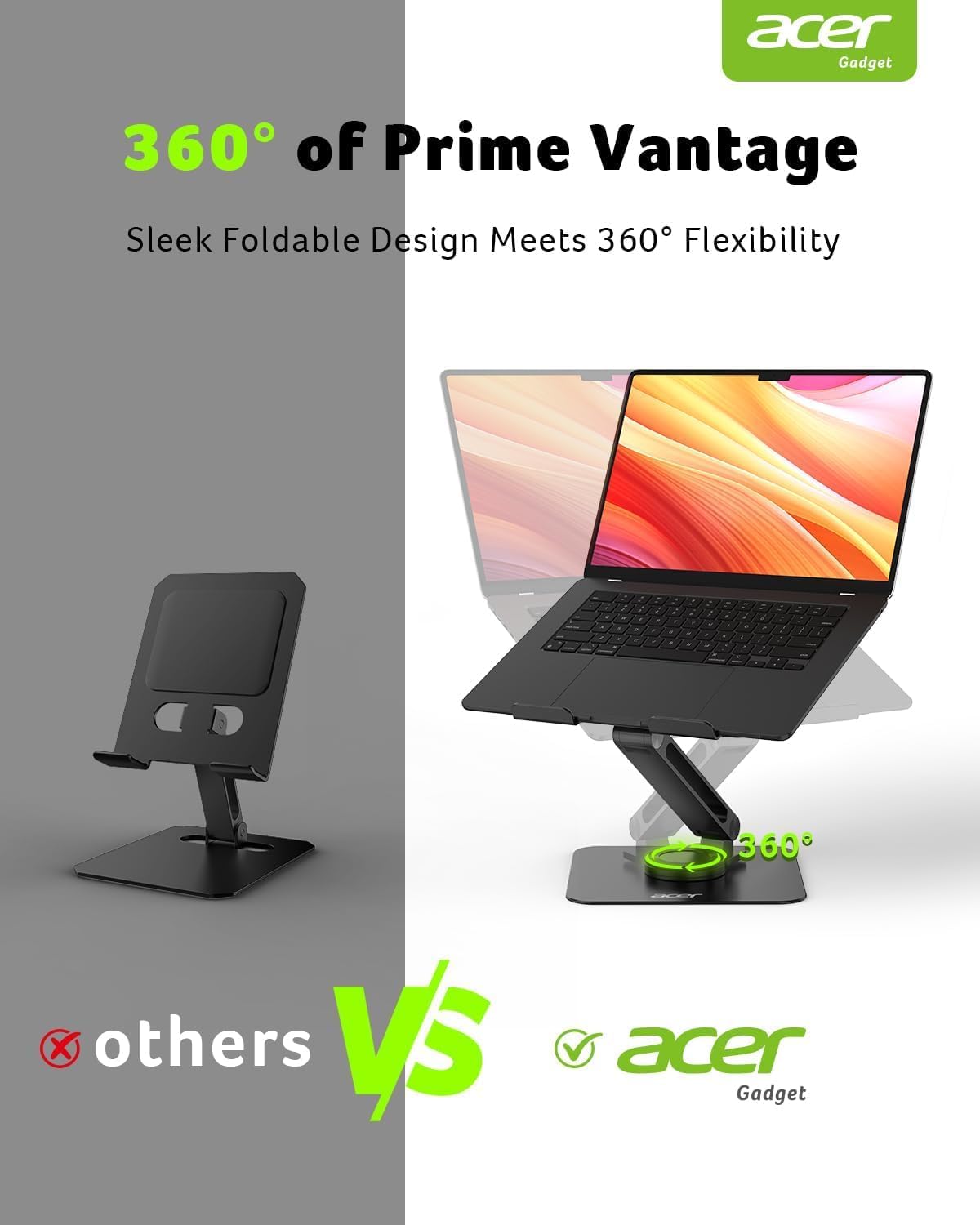 acer Laptop Stand for Desk - with 360 Swivel Base, Rotating Laptop Riser for Desk, Adjustable Computer Stand for Laptops, Ergonomic Riser Holder Foldable, Portable MacBook Pro Air (10-16") - Black - Image 2