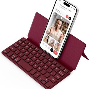 CACOE Wireless Keyboard with Stand, Mini Keyboard for Cell Phone, Ultra-Slim Portable, Foldable, Dual-Channel QWERTY with Stand Holder for Smartphone and More iOS Android Windows, Wine Red