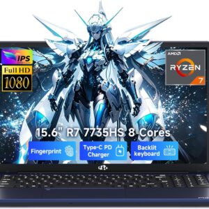 NIMO Gaming Laptop, 15.6" FHD Laptop with AMD R7 7735HS (8 Cores, Up to 4.75GHz), 16GB DDR5 256GB SSD Laptop for Business & Student, Radeon 680M, 100W Type-C, 180° Viewing, Backlit KB, Dual Fans